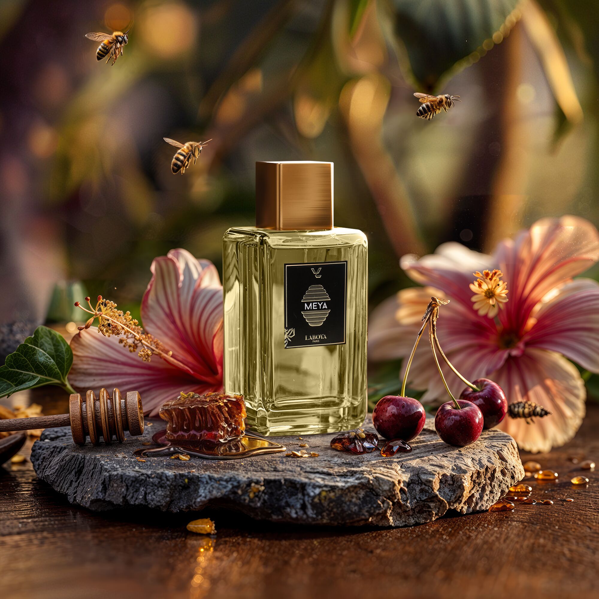 Parfum Meya Laboya avec fleurs hibiscus, miel, cerises et abeilles décoratives
